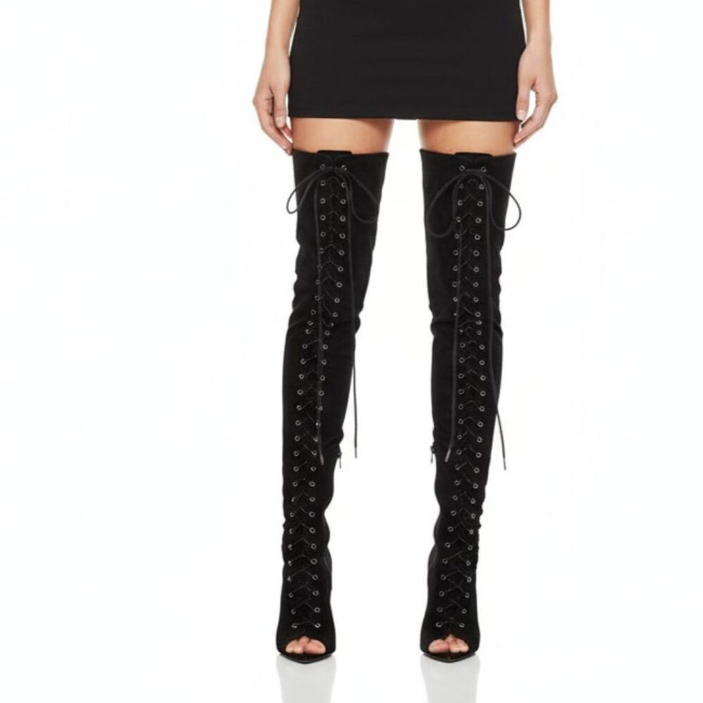 FTF Nadia Black Faux Suede Lace Up Thigh High Heel Boots 11 Wide